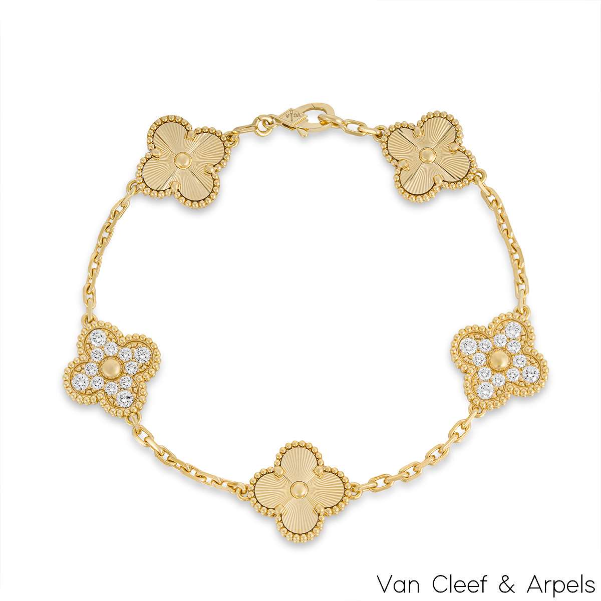 Vintage Alhambra bracelet, 5 motifs 18K yellow gold, Diamond- Van Cleef &  Arpels